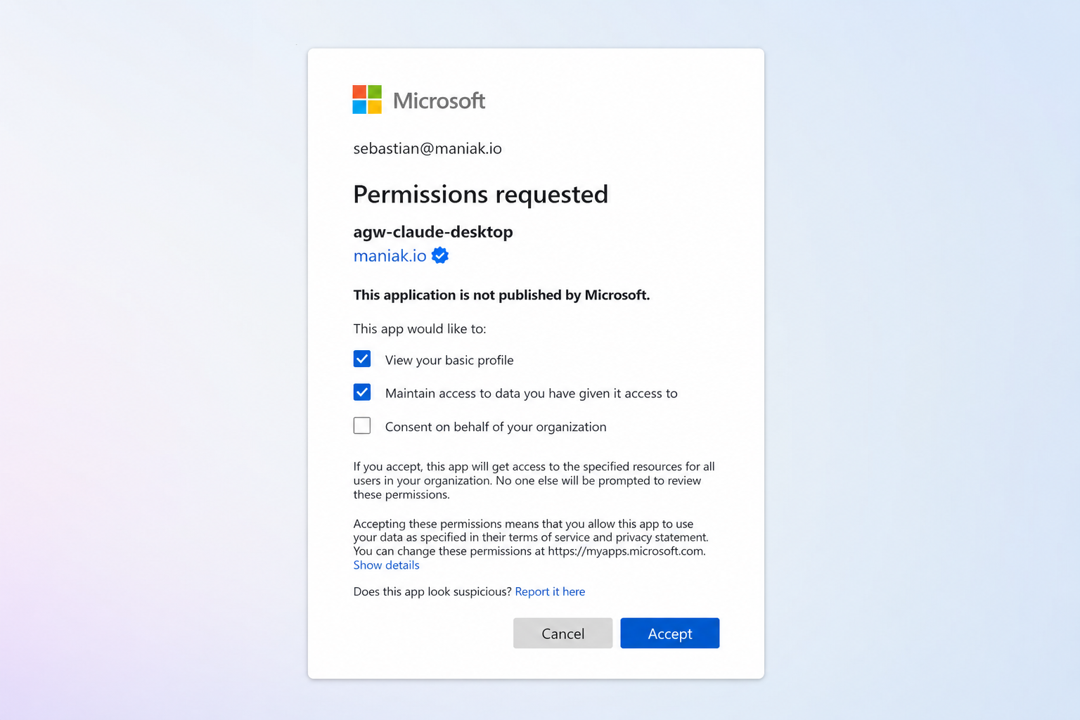 Microsoft Entra consent for agw-claude-desktop as sebastian@maniak.io