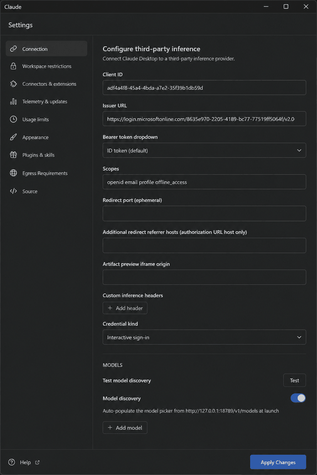 Claude Desktop Configure third-party inference Connection pane with Interactive sign-in and loopback model discovery