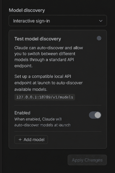 Close-up of Model discovery ON for 127.0.0.1:18789/v1/models and Test model discovery
